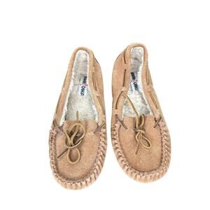 Minnetonka Brown Beige Comfort Jr. Trapper Faux Fur Lined‎ Moccasins Size 9